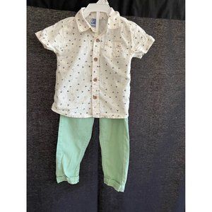 Set Boy Shirt White Button-Down Cotton Short Sleeves Pant Green (SET 2 ) 24M